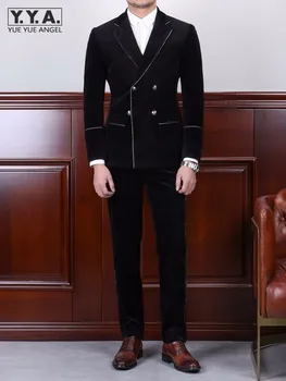 Luksuzni Moških Črno Poročno Obleko Obleko Dvojno Zapenjanje Žamet Formalno Dva Kosa Iz Jopič Jopič Poslovni Človek Dela Obleke Obleke