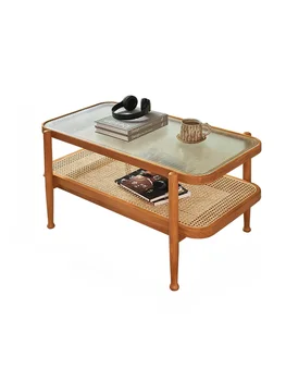 Masivnega lesa, ratana bliskavice dvoslojno čaj tabela Sodobno minimalistično domači dnevni sobi stekla majhnih čaj tabela dnevna soba, pohištvo