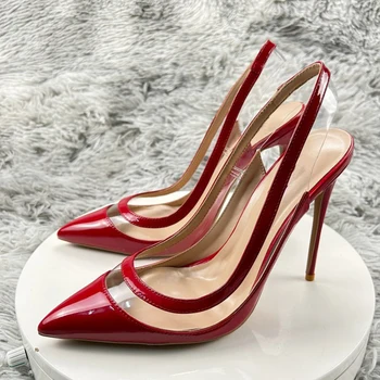 Prozoren PVC seksi konicami prstov 12 cm 10 cm 8 cm visoke tanke pete luksuzne rdeče kažejo razgradnje lady stranka dating čevlji LX010 ROVICIYA