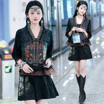 2023 novi kitajski retro slogu izboljšano hanfu žensk vezenje proti-vrat jopico slog bluzo s587