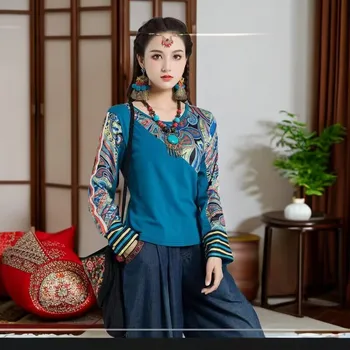 Cheongsam Vrh Tradicionalna Kitajska Oblačila Za Ženske, Dolg Rokav Nacionalni Slog, ki je zgornji deli oblačil Za Ženske Trend Letnik Tekočine T-Shirt