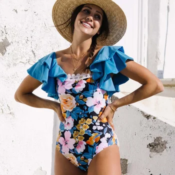Ženske Praia Kopalke Ruffle Cvetlični 1 Kos Kopalke Novo Modro Plažo, Obleke Počitnice Novo Seksi Monokini kopalke 2024