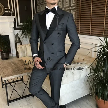 Formalno Slim Mens Obleke Dvojno Zapenjanje Poroko Ženina Tuxedos 2 Kosov Set Poslovni Moški Jopič In Hlače Obleka, Kostum Homme