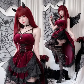 Cospaly Temno Gothic Halloween seksi čipke povezavi povodcem obleko Povezavi Čarovnica Demon Vampir Duha poročne obleke