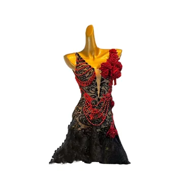 Latinski Ples High end Meri Mednarodnem merilu Uspešnosti Poklicne Obleka za Prom Oblačenja Rdečo Rožo, Vezene Čipke
