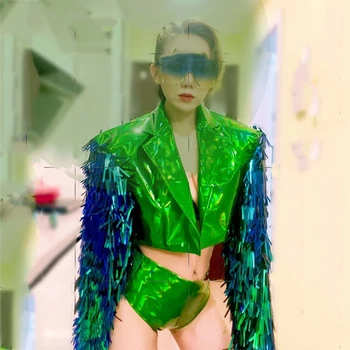 Kratka Jakna, Hlače 2-Kos Obleke Drag Queen Kostum Ženske Plesalka, Pevka Seksi Gogo Fazi Nosijo Zeleni Laser Usnje Sequins