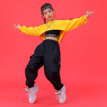 Otrok Hip Hop Kompleti Oblačil Majica Črn Telovnik Crop Zgornji del Tovora Hlače za Dekleta Jazz Ples Kostum Šolski Ples Trenirke