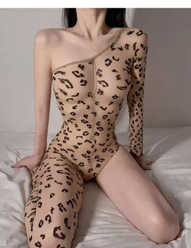 Moda Asimetrične Žensk Suspender Nightgown Seksi Ramenski Izpostavljeni Bodysuit Leopard Tiskanja Jumpsuit Zabavno Perilo Nightdress