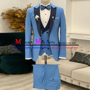 Moda Modra Oblačila Za Moške, Slim Fit 3 Kos Jakna Telovnik Hlače Nabor Formalnih Moških Obleko Set Poroko Black River Ženina Jopičem Kostum