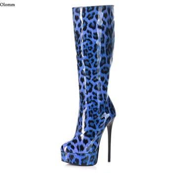 Olomm Ročno Ženske Zimske Sijoče Kolena in Škornji Leopard Stiletto Visokih Petah Krog Toe Rjava, Modra, Siva Stranka Čevlji Plus NAS Velikosti od 5 do 20