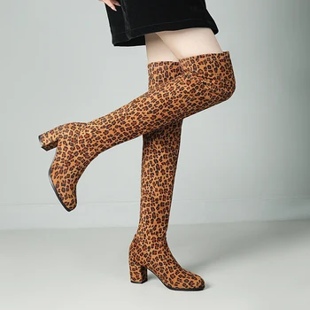 Jeseni, Pozimi Seksi Leopard Antilop Čez kolena Dolgo Škornji In 2023, Blok Visoke Pete Črna Rdeča Stranka Čevlji za Ženske Plus Velikost 42 43