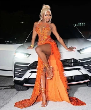 Oranžno Pero Žamet Bleščica Kristalno Prom Obleke Afriške Mermiad Luksuzni Večerne Obleke Za Poroko Stranka Obleko vestido de gala