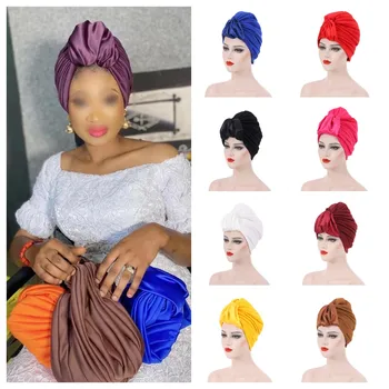 Precej Novih Saten Zanke Ogrlicom Turban Skp Ženske Naguban Afriške Glavo Ovijte Bonnet Nigerija Stranka Elegantno Headties Turbante Mujer