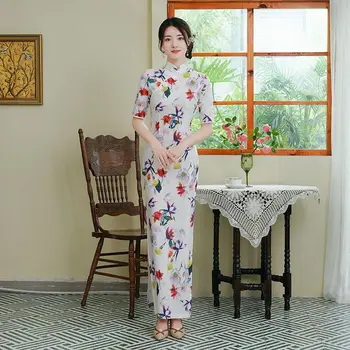 Plus Velikost ženske Kitajski Slog Cheongsam Modni videz Ročno Gumb Cvetlični Dress Vintage Boljše Obleke Qipao M Do 5XL