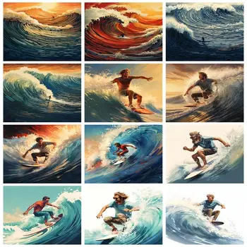 GATYZTORY, Barvanje S Številko Ocean Val Pokrajino Kompleti za Barvanje S Številko Surf Sodobne Risbe Na Platno HandPainted Umetnosti Darilo
