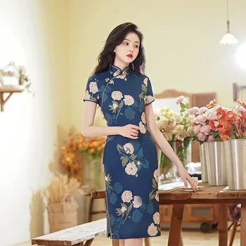 Mandarin Ovratnik Tradicionalna Kitajska Obleka Klasično Eleganten Ženski Qipao Retro Tiskanja Cvet Seksi Slim Split Cheongsam Vestidos