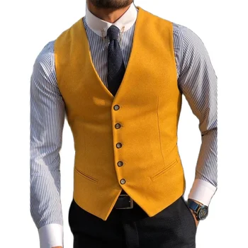 Moška Obleka Formalnih V Vratu Volne Zelena Kost Tweed Priložnostne Waistcoat Formalnih Poslovnih Telovnik Groomman Za Poroko