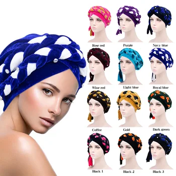 Nove Afriške Etnične Slog Dolgo Pleteni Žamet Headscarf Klobuk Fashion Color Matching Beaded Kemoterapijo Toe Cap DC718-1
