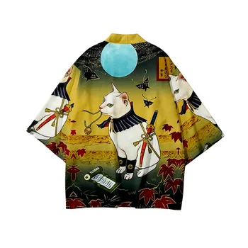 Cat Warrior Natisnjeni Moda Japonski Kimono Ulične Jopico Nekaj Žensk, Moških Harajuku Haori Top Majice Yukata Plus Velikost 6XL
