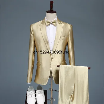 Moški Zlato Obleke Gostiteljice Uspešnosti Poroko Kostume Moški Svetleče, Mehko Obleko Jopič Plus Velikost Obleko Hlače Set 2 Kos Nastavite Elegantno Fantje