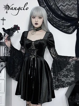 Yangelo Center Gothic Elegantno Šivanje Čipke Obleko Ženske Punk Visok Pas Trak Slim Sežgati Rokav Obleka Vila Grunge