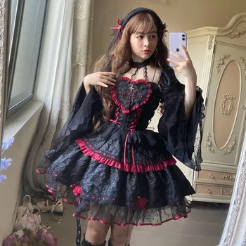 Goth Lolita Malo Čarovnica Vampir Rose Punk Dolg Rokav Žamet Pasu Zbiranje Jeseni Obleko