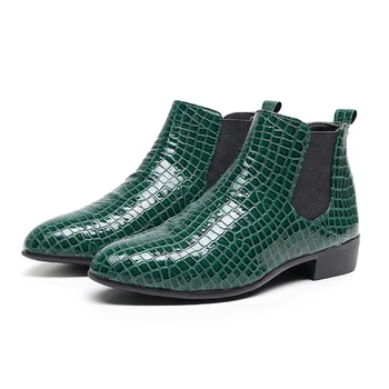 Moda Britanski Stil Zelene Moških, Chelsea Škornji Svetlo Krokodil Usnje Škornji Človek Zadrgo Opozoril Moške Visoke Pete, Škornji Velika Velikost 50