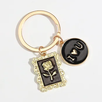Srčkan Emajl Keychain Rose Cvet Ljubim Key Ring Foto Okvir Ključnih Verige Valentinovo, Darila Za Ženske, Dekleta DIY Nakit