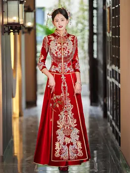 Cheongsam Rdeče Bleščice Beading Rese Vezenje Qipao Dolgo Tradicionalna Kitajska Poročna Obleka Orientalski Oblačila