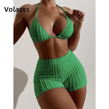 VOLASSS Seksi Povodcem Brazilski Kopalke Ženske Dveh Kosov Nagubana Bikini Visoko Pasu Kratek Kopalke Ženske Votlih Iz kopalke