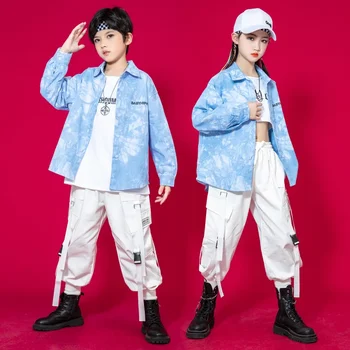 Modra Tie Dye Majica Priložnostne Ulične Tovora Hlače Za Dekle Fantje Jazz Ples Kostum Fazi Oblačila Otroci Kpop Hip Hop Show Oblačila