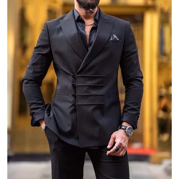 Classic Black Moške Obleke, 2 Kosa Nova Moda Vrh River Business Casual Wear Stranko Poroko Ženina Jopičem Jopič z Hlače 2023