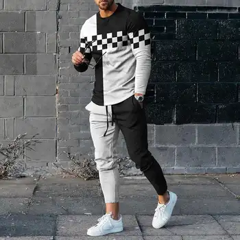 Men ' s Long Sleeve T-majice in Hlače, Dva Kosa Črno Bel Geometrije 3D Tiskanih Moške Določa Priložnostne Obleko nike tech flis