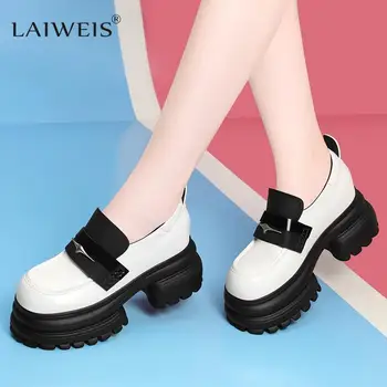 Francoski stil eno čevlji za ženske 2023new debel-soled višina-povečanje čevlji Britanskem slogu pravega usnja debele pete loafers