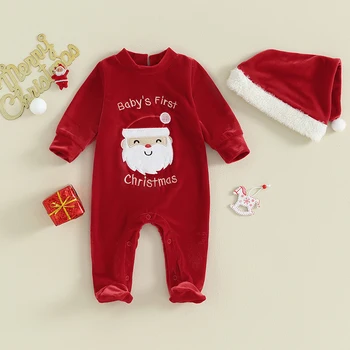 Novorojenček Dojenček Božič Obleke z Dolgimi Rokavi, Krog Vratu Santa Claus igralne obleke Jumpsuit s Klobuk 2pcs Obleke za Fantje Dekleta